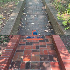 Image of Pressure washing before and after. You Can see a clean walk way on the bottom and a dirty walk way above
